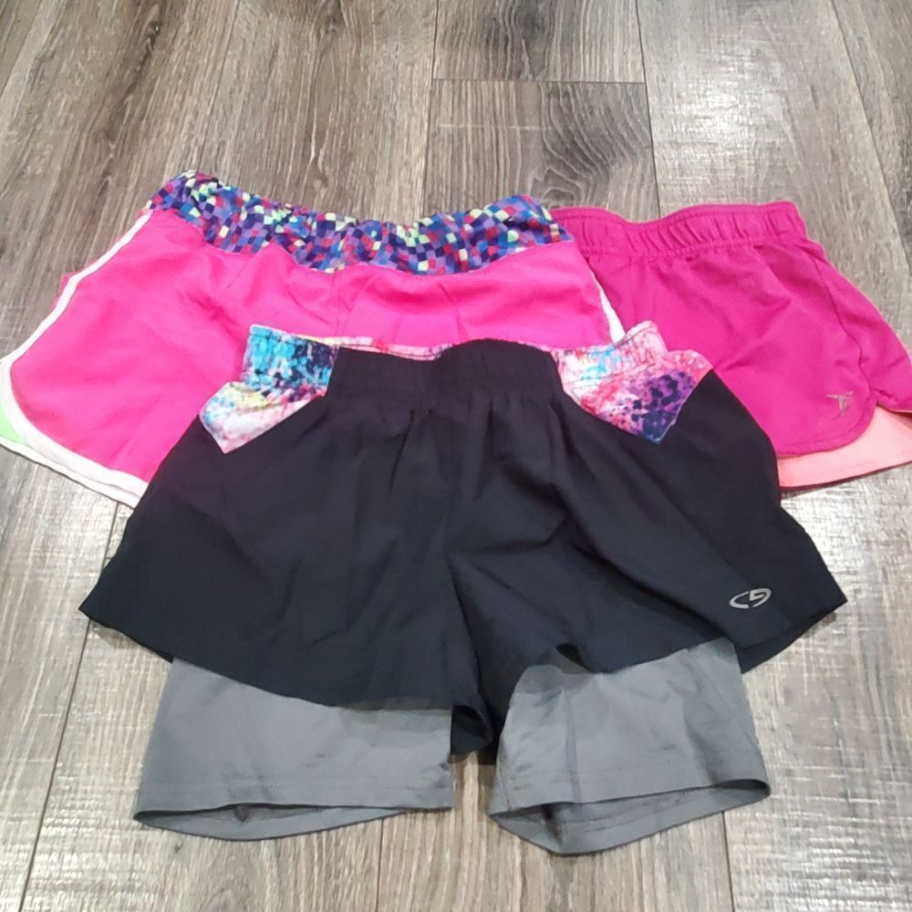 Girls Athletic Shorts Size 10-12 Kids Shorts Trio - Pink, Black, Gray 3 Pieces